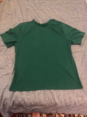 Ann Taylor Forest Green Short Sleeve Ruffle Neck Tee